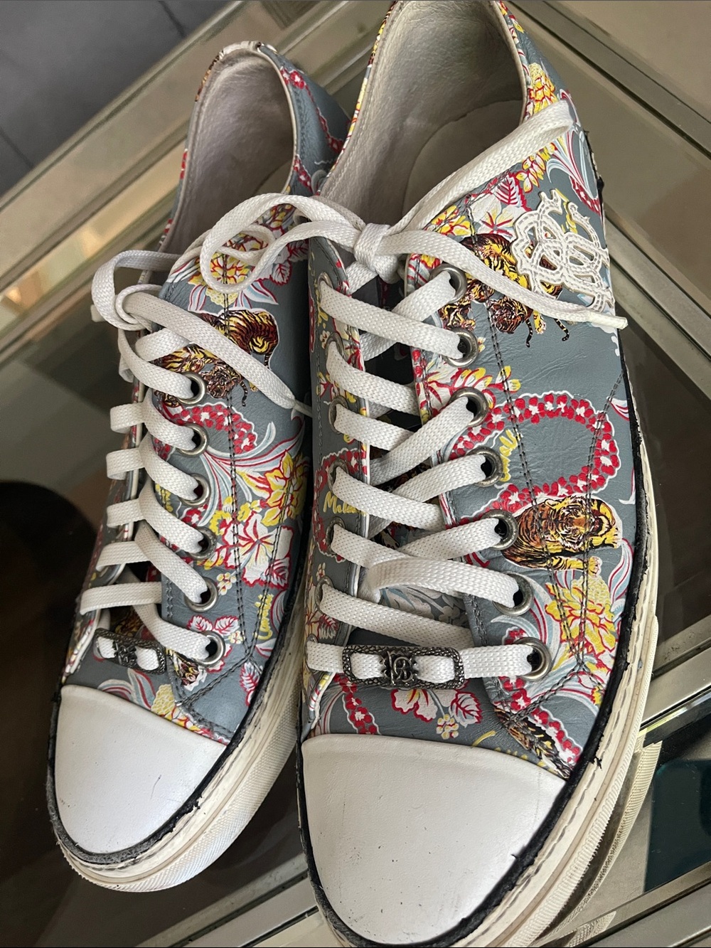 Roberto Cavalli Floral Gray, White & Yellow Tiger Leather Sneakers